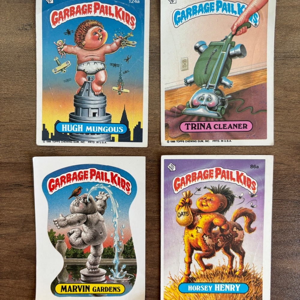 4 VINTAGE 1980s GARBAGE PAIL KIDS Cards Marvin Gardens Hugh Mungous Horsey Henry